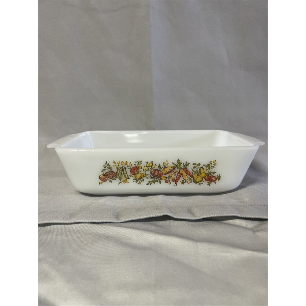 Vintage Anchor Hocking 441 Loaf Pan Baking Dish Vegetable Harvest Pattern 5"x9"